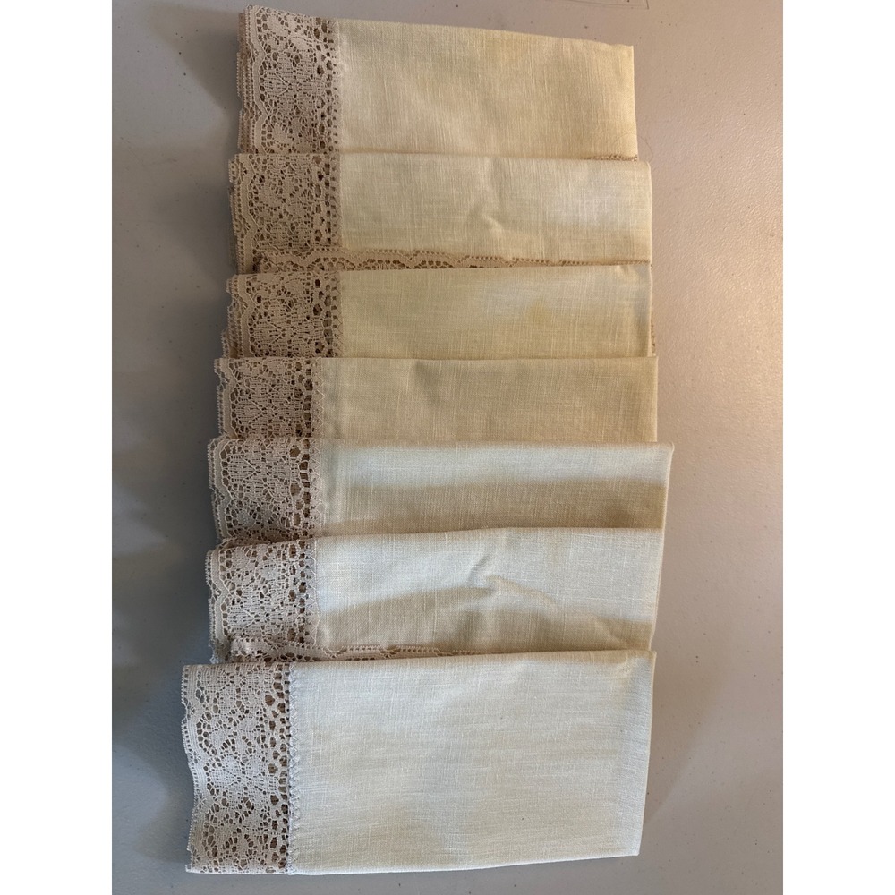Vintage Cream Linen Napkins Set of 7 Wide Lace Trim Square Table Linens 17.5in